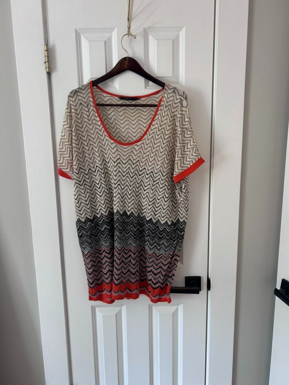 BCBGMaxAzria Chevron Zigzag Open Knit Tunic Sweater Dress Orange Trim OS